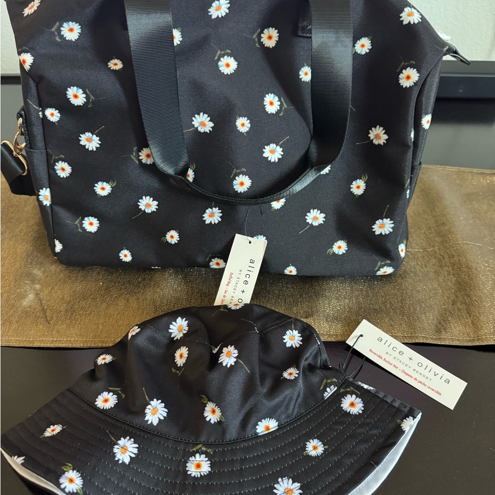 Alice + Olivia Black Floral Duffel Bag and Matching Hat